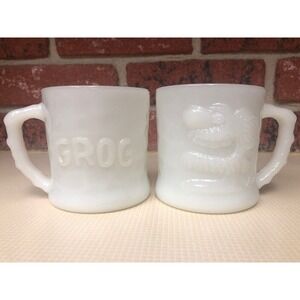 Vintage White Milk Glass GROG Coffee Mugs Johnny Hart BC Comics Cups Set of 2